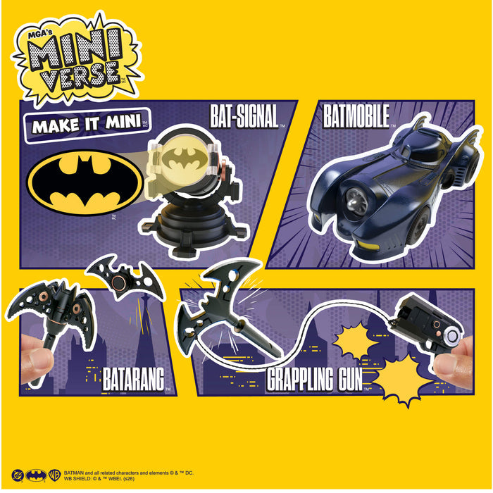 A comic-style product display card for a Batman Mini Verse toy set on a bright yellow background. The card shows several small Batman-themed accessories labeled 'Bat-Signal,' 'Batmobile,' 'Batarang,' and 'Grappling Gun,' along with hands holding some pieces.