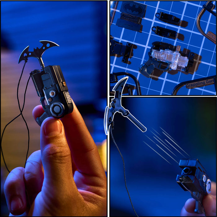 A collage showing a small black handheld toy with a curved blade-like accessory on a cord, held in a human hand, plus close-up views of the item and its parts on a blue grid background.