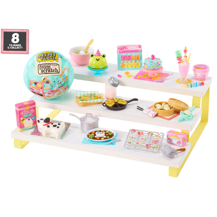 Toy kitchen set with text eight to make and collect on a white background