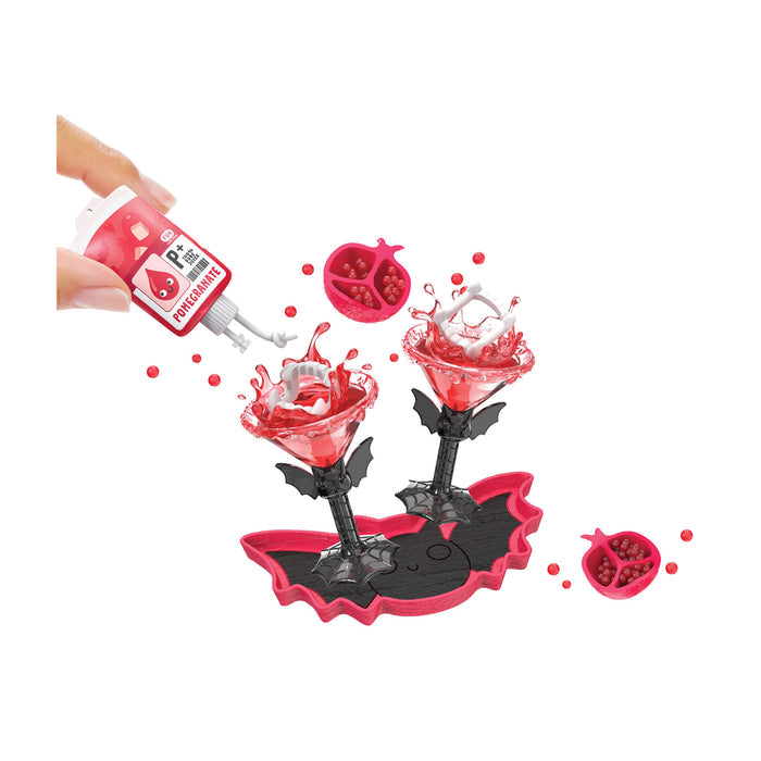 Hand making red drinks on a bat looking tray on a white background