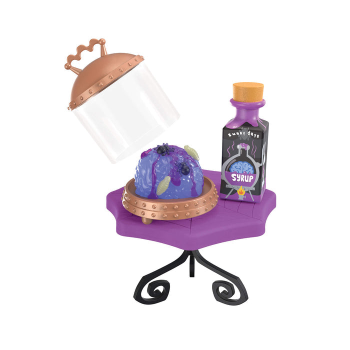 Purple round item with dome lid sitting on a purple table on a white background