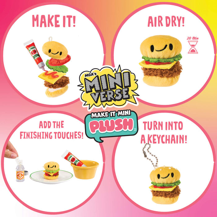 Mini plush toy burger with assembly instructions and branding on a colorful background