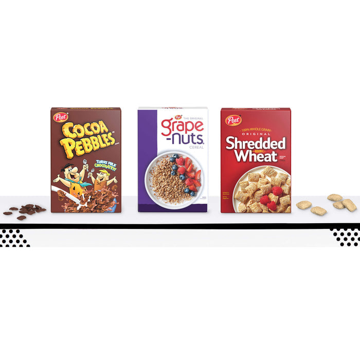 Three cereal boxes from Post: Cocoa Pebbles, Grape Nuts, and Shredded Wheat, displayed on a white background.