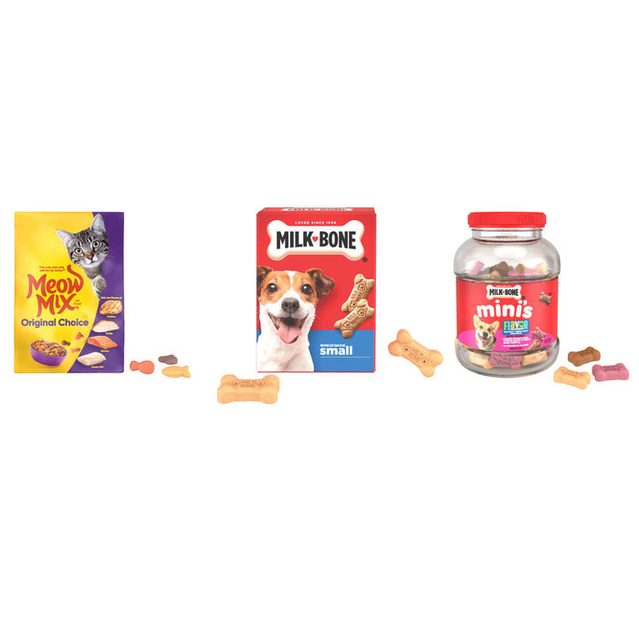 Three pet food products including a cat food box, a dog food package, and a jar of dog treats on a white background.