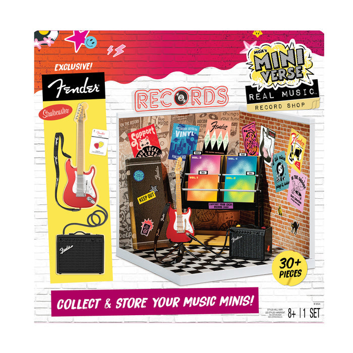 Record shop with "collect and store your music minis" text on a white background
