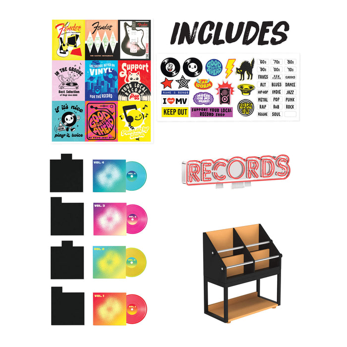 Collection of mini vinyl records, record sleeves, and a display stand on a white background.