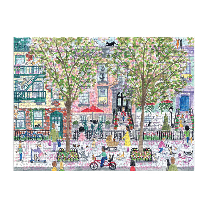 Lively city street scene with people walking, biking, and relaxing by blooming flowers and two big trees—perfect for puzzle lovers. Enjoy this vibrant art as the Michael Storrings Cats in the City 1000 Piece Puzzle by Michael Storrings.