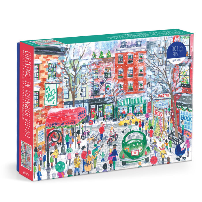 The Michael Storrings Christmas in Greenwich Village 1000 Piece Puzzle by Michael Storrings features a festive winter scene with people, decorated shops, a green car, and snow-covered streets for a joyful holiday atmosphere.