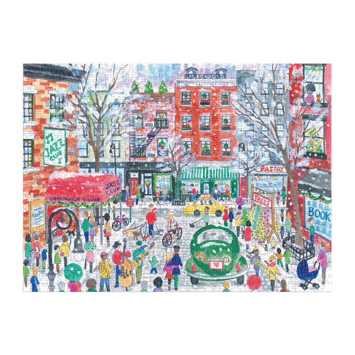 The Michael Storrings Christmas in Greenwich Village 1000 Piece Puzzle captures a lively winter city street with people, shops, and snowfall, creating a festive holiday mood in iconic Greenwich Village.