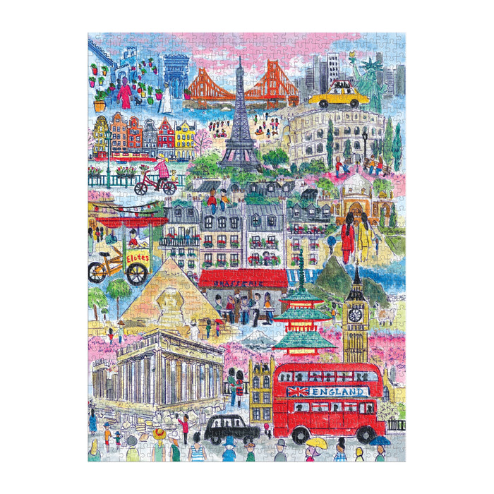 The Michael Storrings Cities Around the World 1000 Piece Puzzle by Michael Storrings features colorful illustrations of iconic landmarks like the Eiffel Tower, Colosseum, Big Ben, Pyramids, Sydney Opera House, and more.