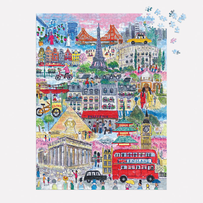 The Michael Storrings Cities Around the World 1000 Piece Puzzle shows iconic landmarks like the Eiffel Tower and Big Ben, plus a red double-decker bus, with several pieces missing from the top right corner.