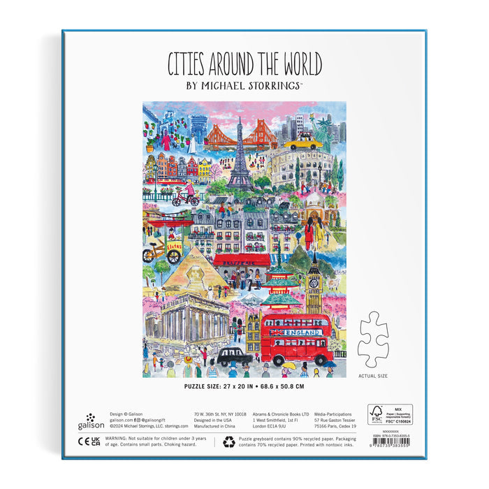 The back of the Michael Storrings Cities Around the World 1000 Piece Puzzle box displays a vibrant collage of global landmarks like the Eiffel Tower and Big Ben, highlighting Michael Storrings’ signature artwork.