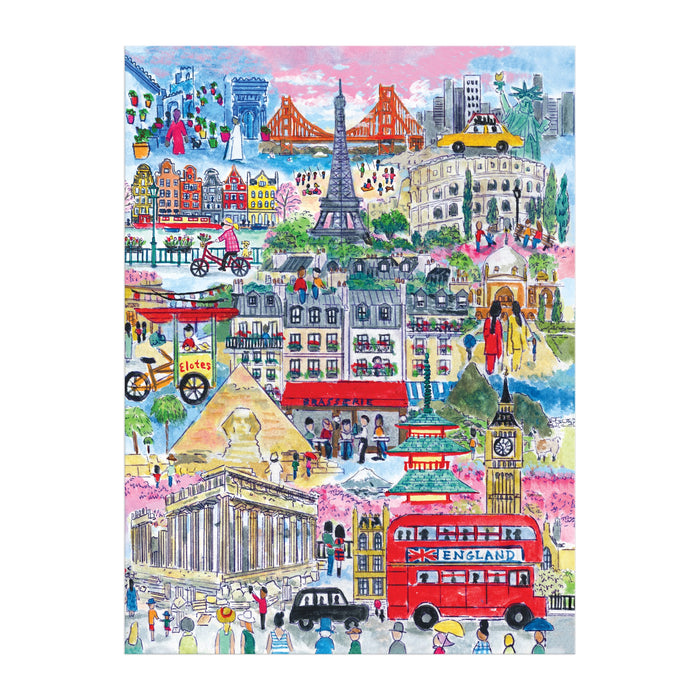 The Michael Storrings Cities Around the World 1000 Piece Puzzle features colorful illustrations of iconic landmarks like the Eiffel Tower and Big Ben, perfect for travel lovers who enjoy vibrant, detailed puzzles by Michael Storrings.