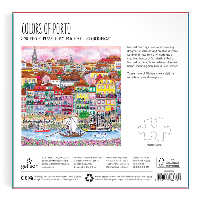 The back of the Michael Storrings Colors of Porto 500 Piece Puzzle box showcases vibrant Porto riverside art, features details about the artist Michael Storrings, puzzle specs, and brand information.