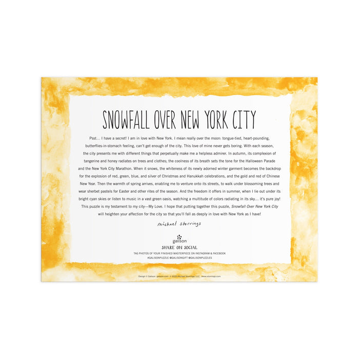 The Michael Storrings Snowfall Over New York City 1000 Piece Puzzle captures the artist’s love for the city’s seasonal beauty—perfect for fans of winter scenes and challenging puzzles.