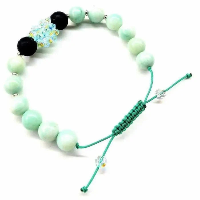 Mint Green Amazonite Gemstone Crystal Lava Rock Bracelet featuring 10mm beads with adjustable cord design.
