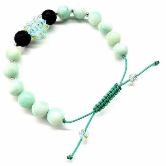 Mint Green Amazonite Gemstone Crystal Lava Rock Bracelet featuring 10mm beads with adjustable cord design.