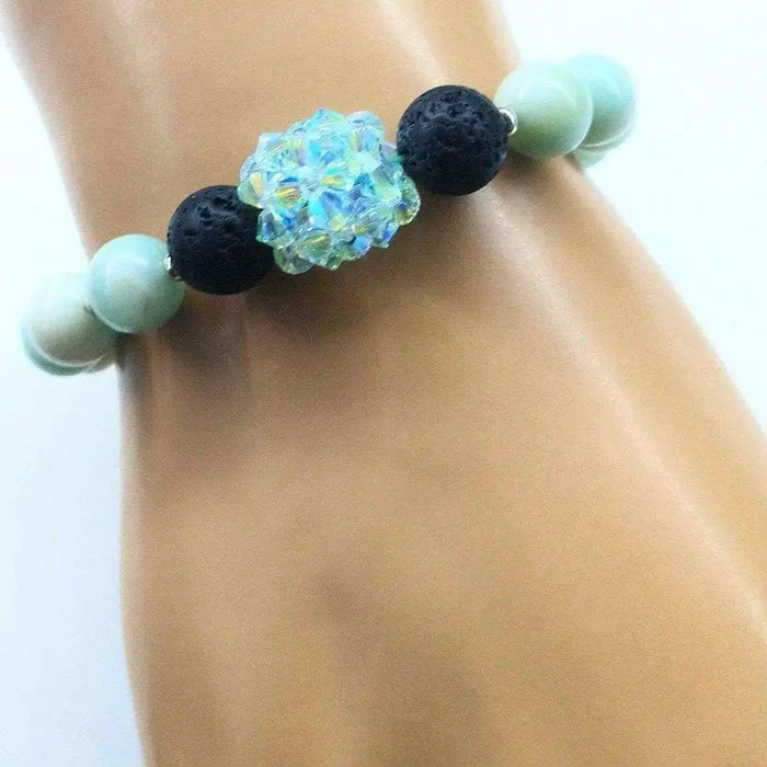 Mint Green Amazonite Gemstone Crystal Lava Rock Bracelet showcasing a blend of mint green and black lava stones.