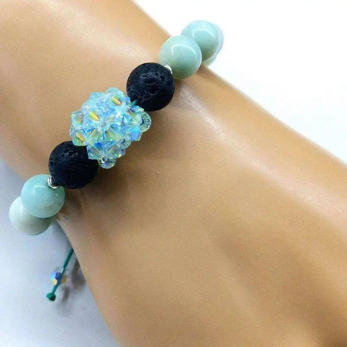 Mint Green Amazonite Gemstone Crystal Lava Rock Bracelet on a wrist showcasing unique design and colors.