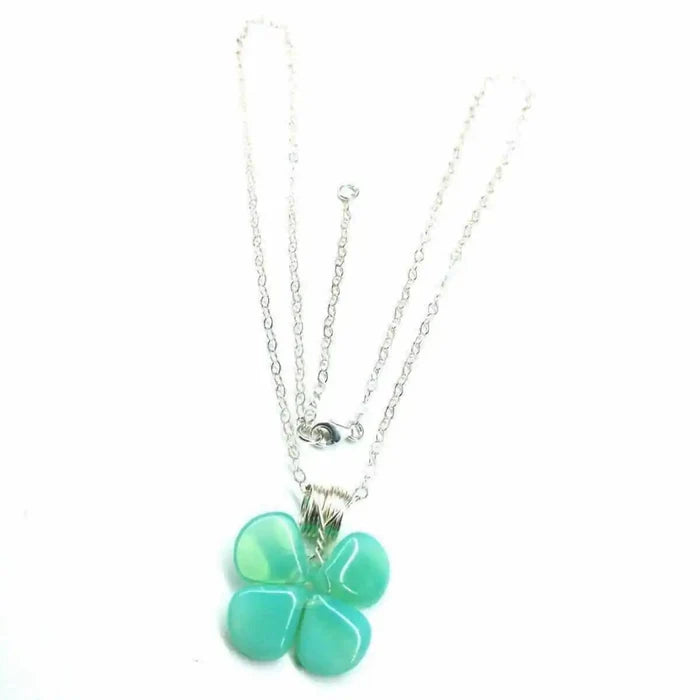 Mint green beaded clover necklace featuring Czech glass beads and sterling silver design.