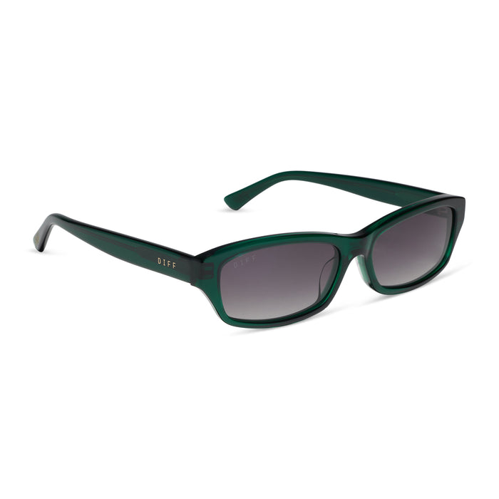 diff eyewear x jessie james decker misty square sunglasses with a alpine crystal green acetate frame and grey gradient lenses angled view