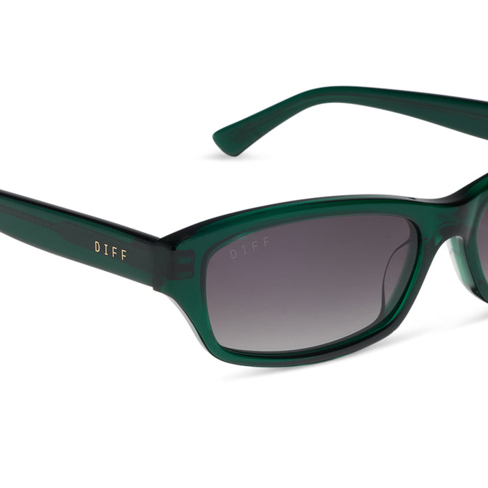 diff eyewear x jessie james decker misty square sunglasses with a alpine crystal green acetate frame and grey gradient lenses detailed view