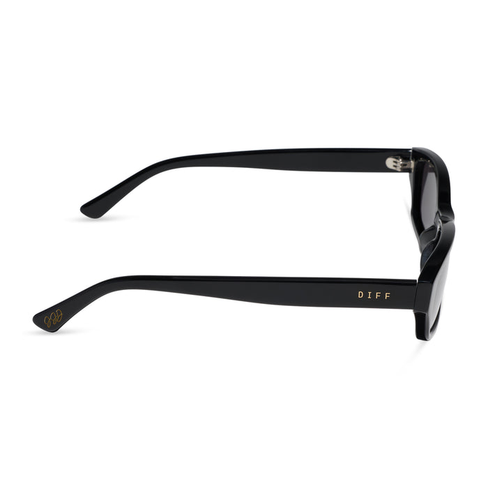 diff eyewear x jessie james decker misty square sunglasses with a black acetate frame and grey polarized lenses side view