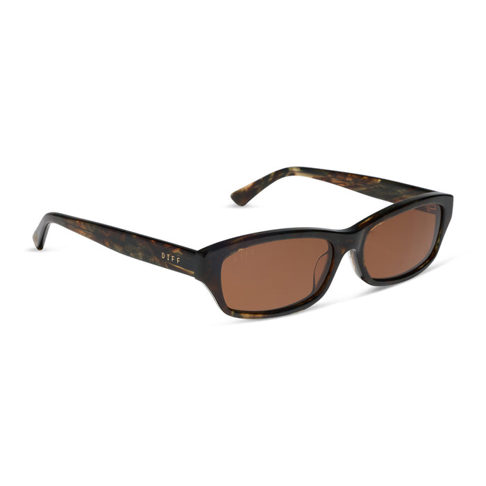 diff eyewear x jessie james decker misty square sunglasses with a koa tortoise brown acetate frame and brown lenses angled view