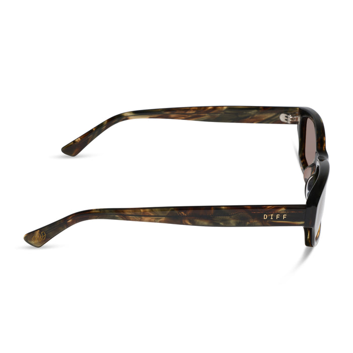 diff eyewear x jessie james decker misty square sunglasses with a koa tortoise brown acetate frame and brown lenses side view
