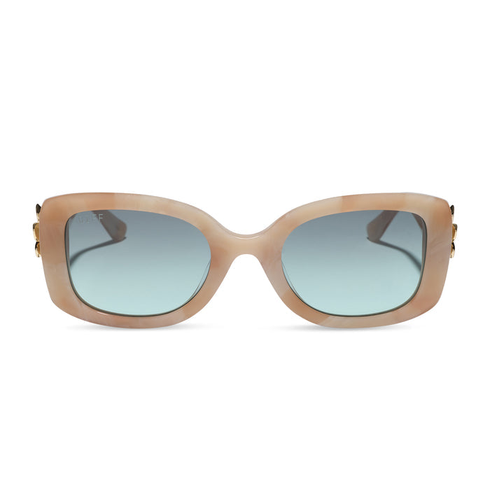 diff eyewear x disney princess featuring the moana square sunglasses with a beige tortoise acetate frame and seafoam green lenses front view