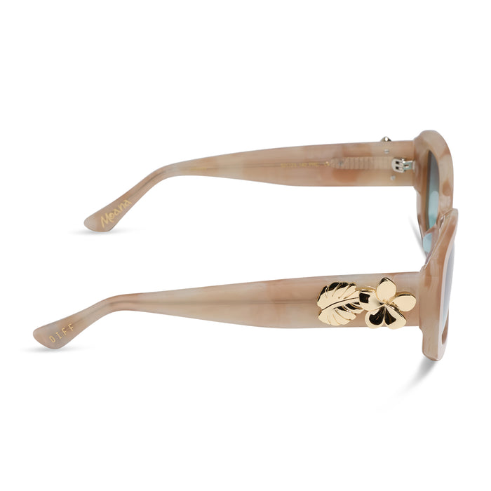 diff eyewear x disney princess featuring the moana square sunglasses with a beige tortoise acetate frame and seafoam green lenses side view