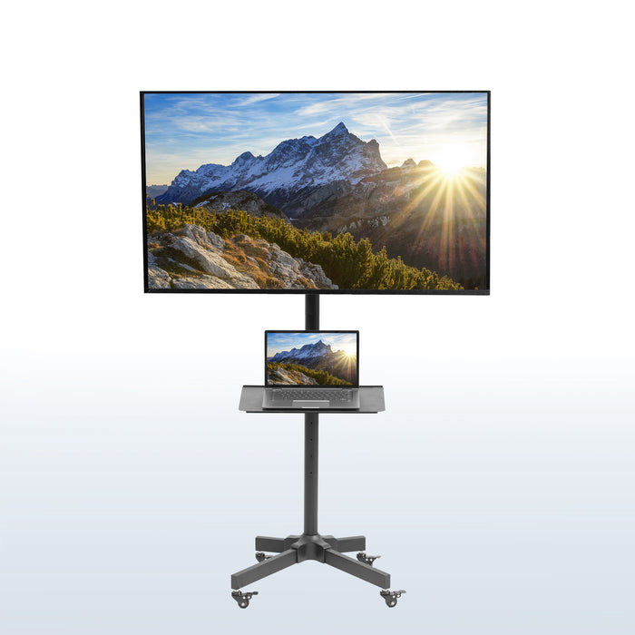 Mobile TV cart displays large screen on rolling stand for ergonomic