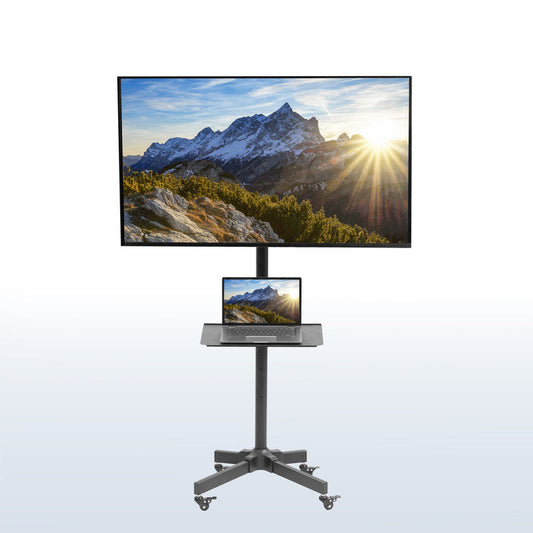 Mobile TV cart displays large screen on rolling stand for ergonomic