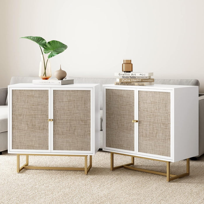 Set of 2 TV Stand / Kova - White/Cane/Brass