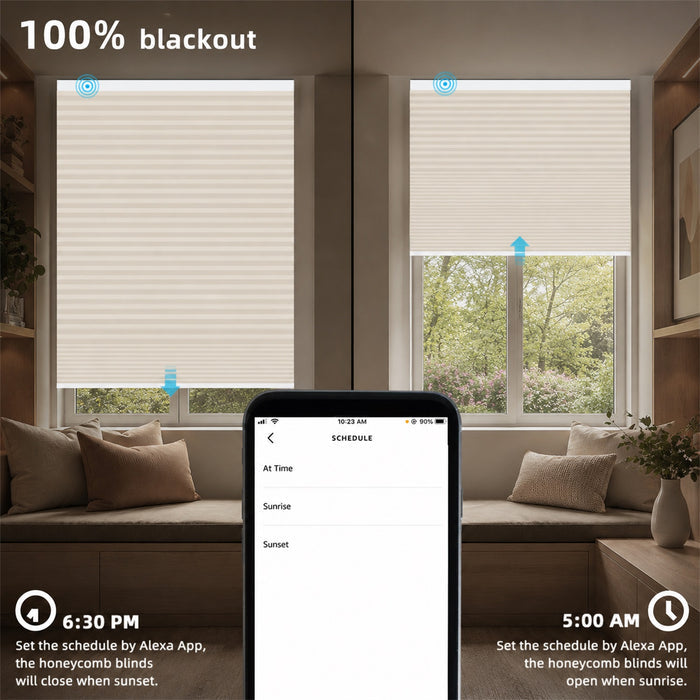 Honeycomb window blinds shown in a split-screen lifestyle mockup of a living room, demonstrating a 100% blackout feature. The top half shows the blinds closed, and the bottom half shows them partially open.