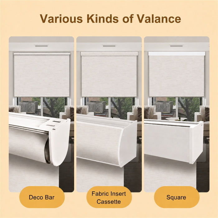A product comparison graphic showing three different types of window valance mounts: 'Deco Bar', 'Fabric Insert Cassette', and 'Square'. Each panel displays a white roller blind mounted in a window with a beige fabric insert, set against a warm beige background with brown and orange text labels.