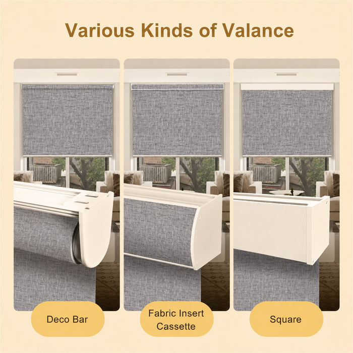 Three-panel comparison graphic showing different valance styles with gray textured roller blinds: Deco Bar, Fabric Insert Cassette, and Square. The panels display the valance hardware mounted above windows with interior room views behind them, on a beige background with the heading 'Various Kinds of Valance'.