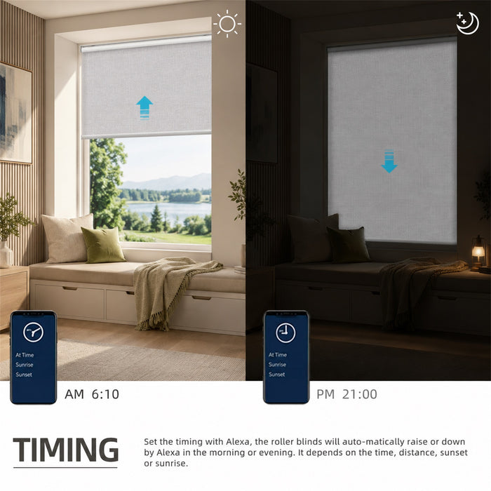 A split-screen comparison showing roller blinds in a living room setting, with daylight on the left and a dark room on the right. The blinds are shown raised and lowered with blue arrow indicators, and the image includes text explaining timed automation with Alexa.