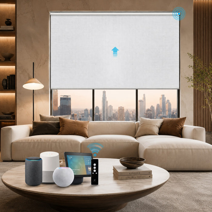 Smart roller blind in a modern living room with cityscape view