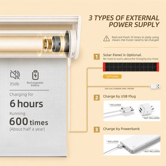 Diagram of a 35db device with charging information and power supply options on a beige background.