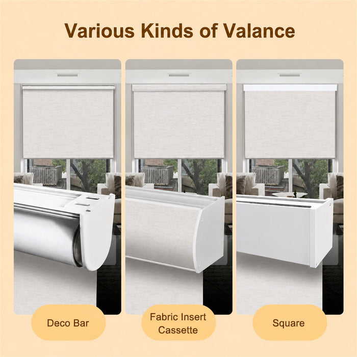 A product comparison graphic showing three types of window valance: Deco Bar, Fabric Insert Cassette, and Square. Each panel displays a white roller blind mounted in a window frame above a window view, with labels at the bottom on a beige background.