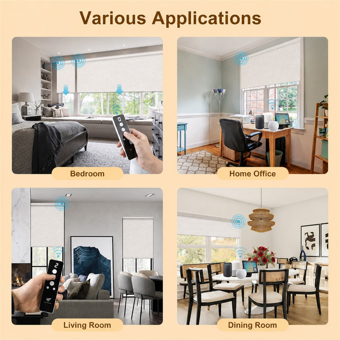 A 2x2 promotional collage showing a smart roller blind controller in use across different rooms: Bedroom, Home Office, Living Room, and Dining Room. The collage has a beige background with the heading 'Various Applications' and labels for each room scene.