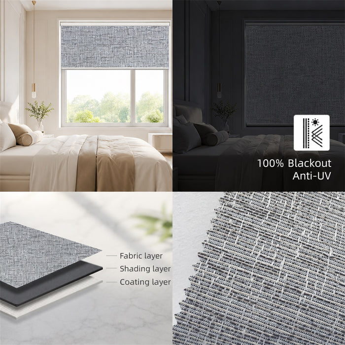 A four-panel collage showing a gray textured roller blind in use in a bright bedroom, in a dark bedroom with '100% Blackout Anti-UV' text, a cross-section of the fabric layers, and a close-up of the woven fabric texture.