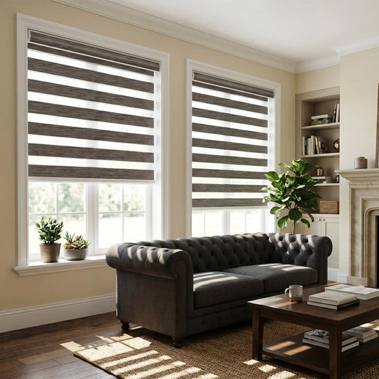 Living room with gray striped window blinds, a dark gray sofa, and a wooden coffee table.