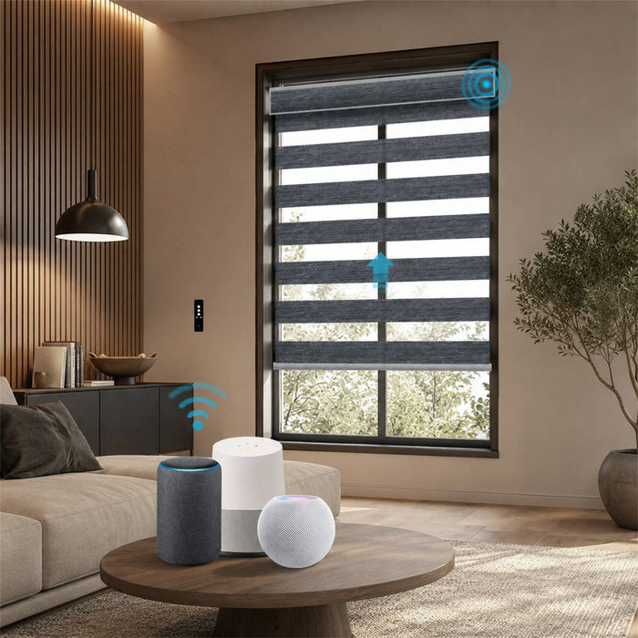 A modern living room with a dark gray roller blind on a window, shown in a smart home context with digital overlays indicating remote control by smart speakers.