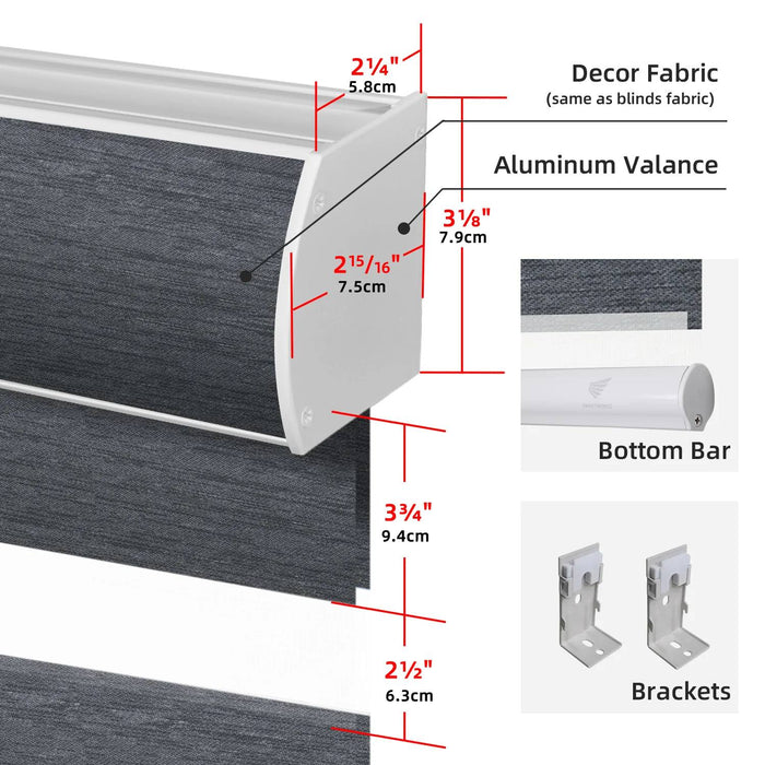 Measurement chart of a window treatment with labeled parts and dimensions.