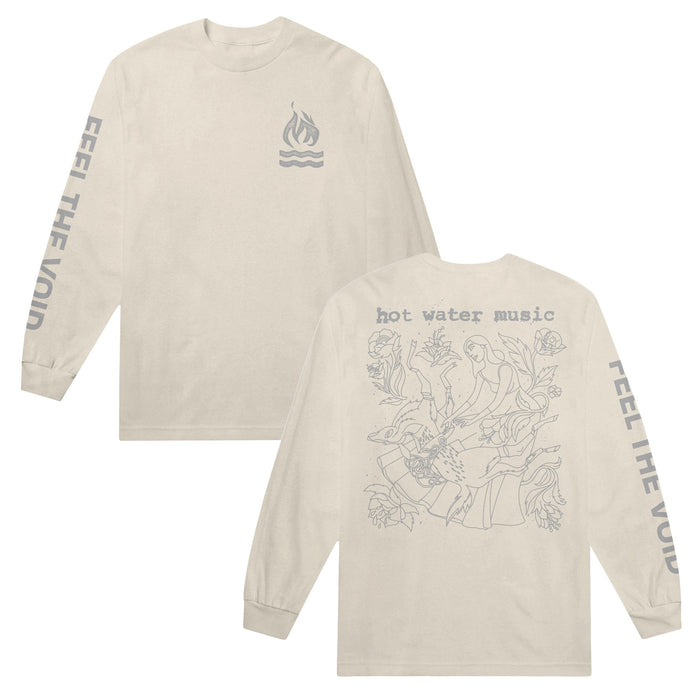 Hot Water Music beige Comfort Colors long sleeve, garment dyed from soft ring spun cotton. Features FEEL THE VOID on both sleeves, a flame logo on chest, and large Hot Water Music graphic on the back.
