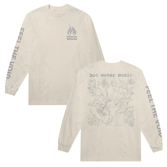 Hot Water Music beige Comfort Colors long sleeve, garment dyed from soft ring spun cotton. Features FEEL THE VOID on both sleeves, a flame logo on chest, and large Hot Water Music graphic on the back.