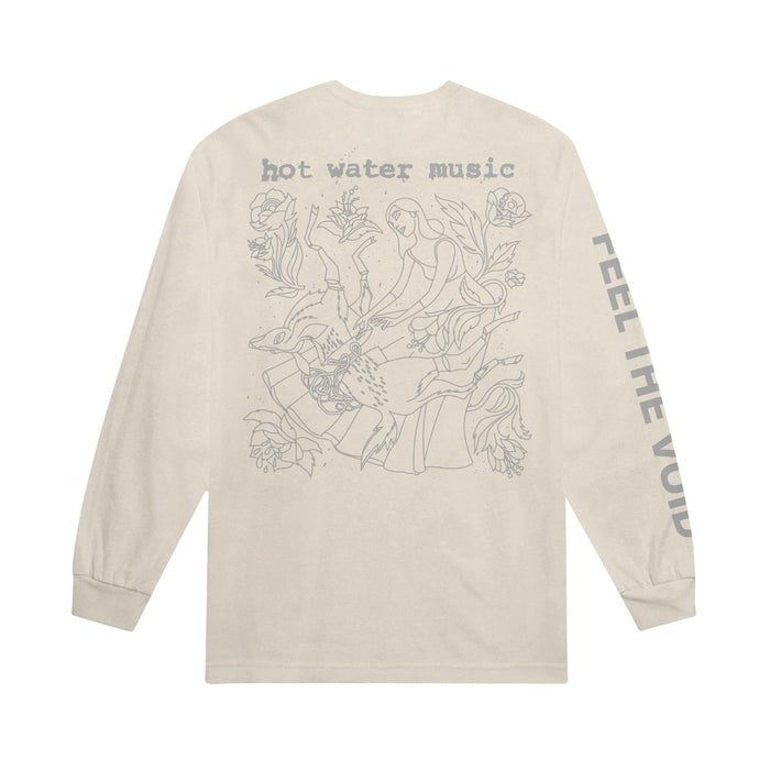 Back of shirt has "hot water music" printed in top center. Below it is a line drawing of a woman and a deer with flowers surrounding them.