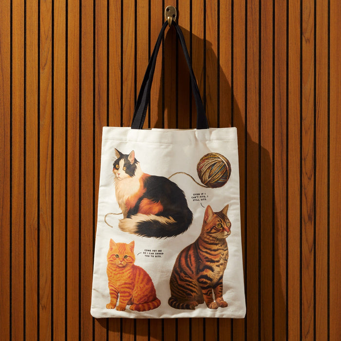 The Brass Monkey Moody Cats Canvas Tote, featuring black handles, hangs on a wooden wall. It shows three illustrated cats with a ball of yarn and small text next to each cat.